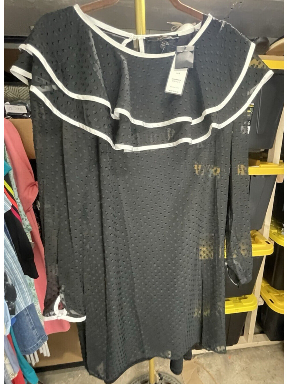 MAXSPORT Black Sheer Overlay Dress L Ruffle Neck Long Sleeve w/ Liner NWT $268